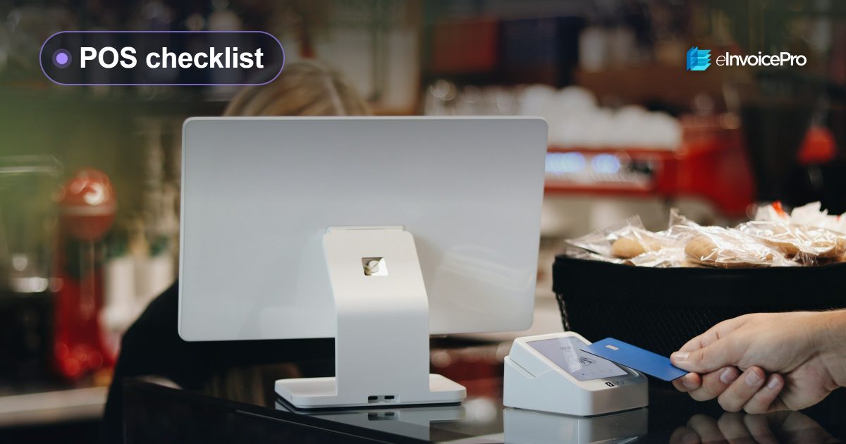 A shop counter with a POS screen and a customer paying by card