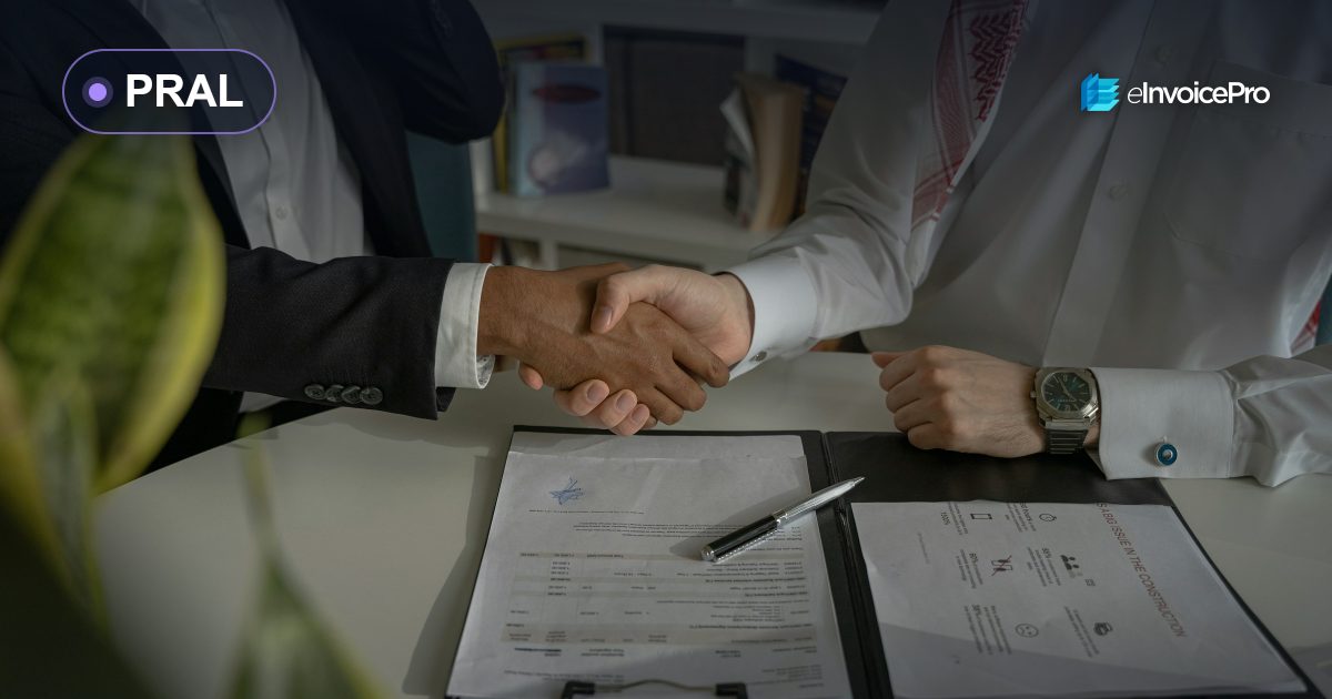 Two people shaking hands over a contract