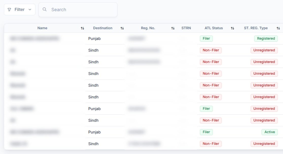 eInvoicePro customer list showing each buyer's province, ATL status and sales tax registration