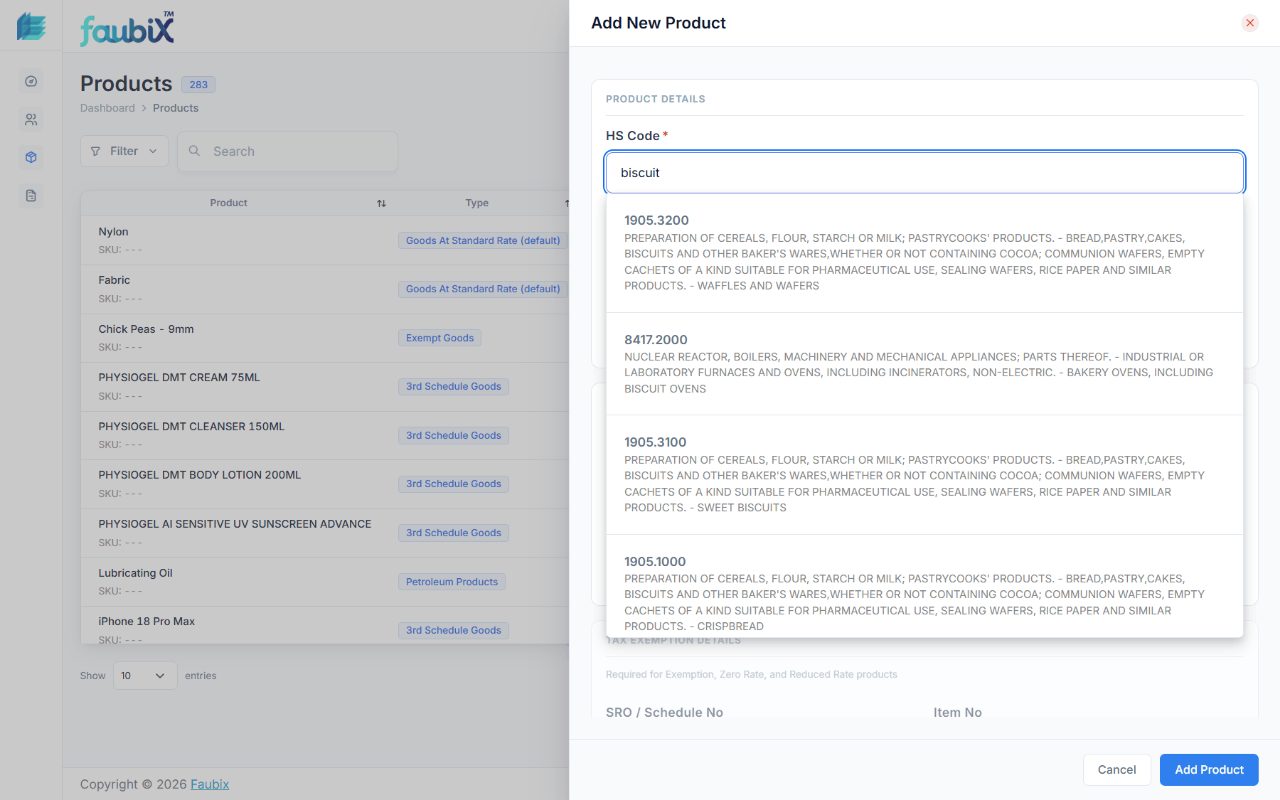 Adding a product in eInvoicePro: searching FBR's HS code list, with skincare products saved as Third Schedule goods