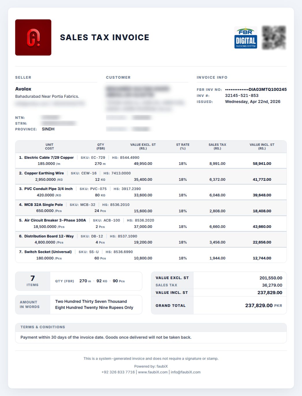 A sales tax invoice made in eInvoicePro, with FBR's invoice number, the QR code and the tax on every line