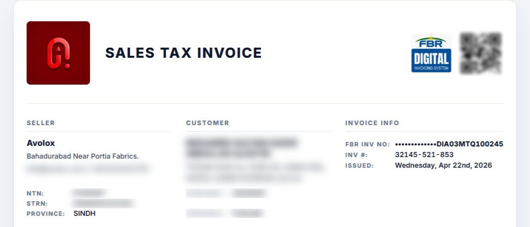 Top of a sales tax invoice made in eInvoicePro, with the FBR Digital Invoicing logo, the QR code and FBR's invoice number