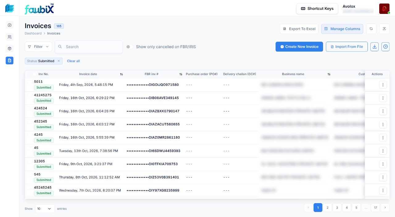eInvoicePro invoice list showing invoices submitted to FBR, each with its FBR invoice number, purchase order and delivery challan columns