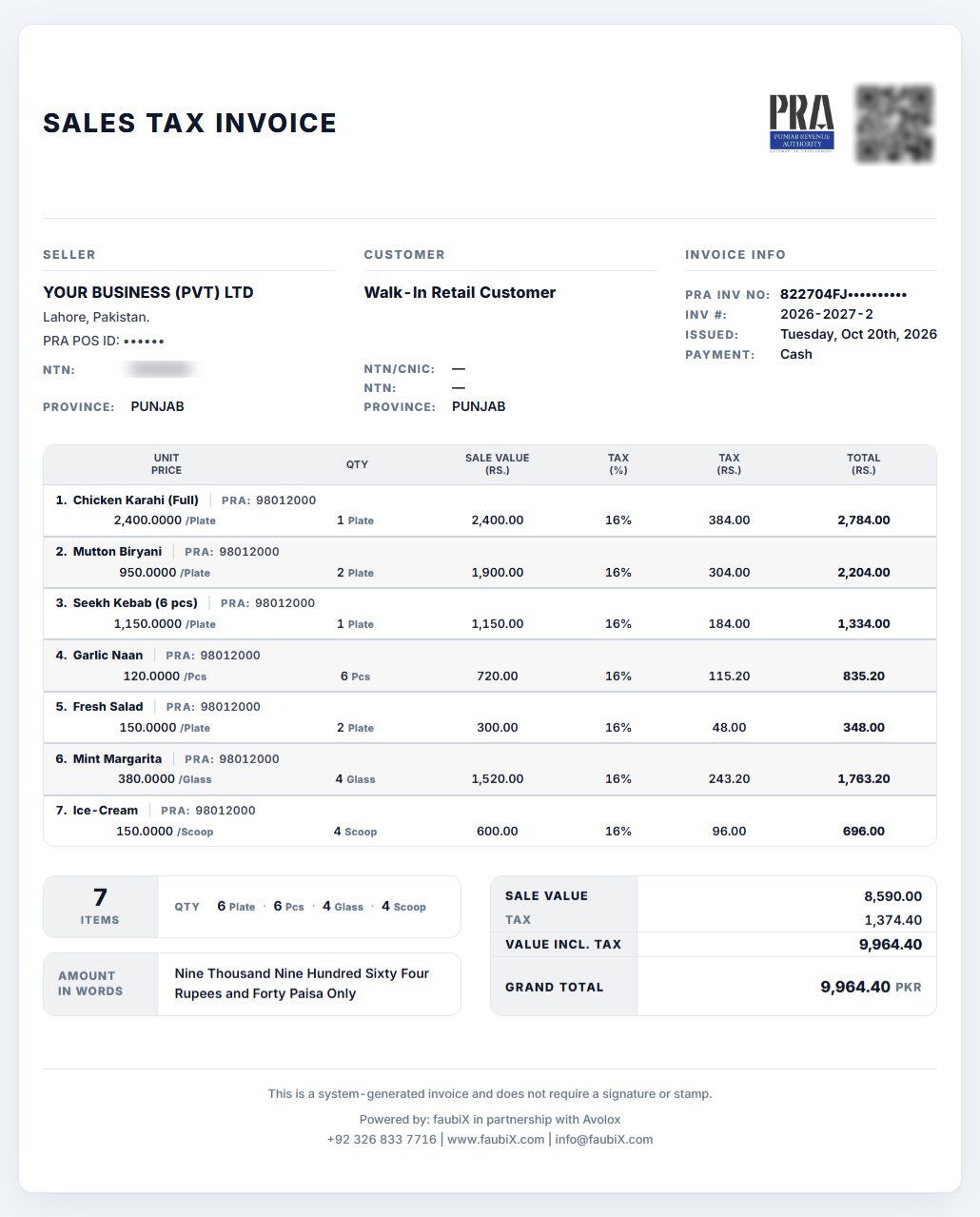Restaurant bill in eInvoicePro, sent to PRA, with PRA's invoice number, QR code and 16% tax on a cash payment
