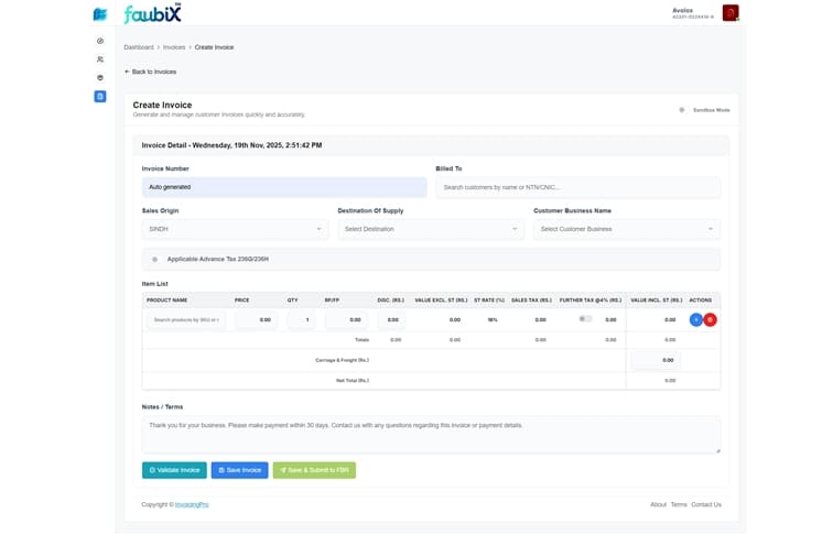 Sales tax invoice creation with automated calculations